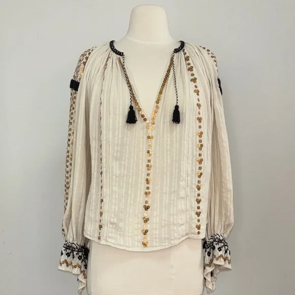 Isabel Marant Ivory Blouse with Matte Gold Sequin and Black Embroidery - Picture 3 of 11